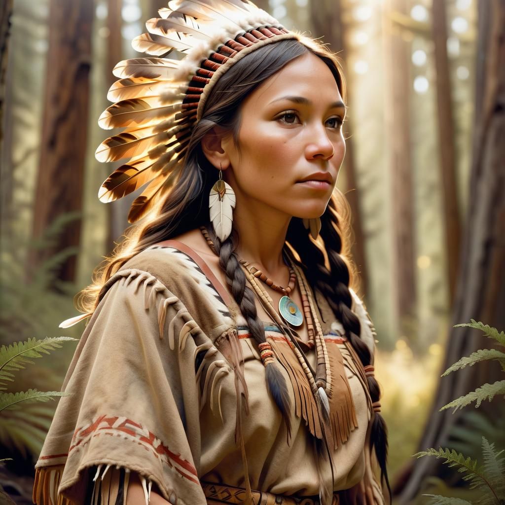 Sacagawea Portrait in Lush Forest, Impressionistic Style