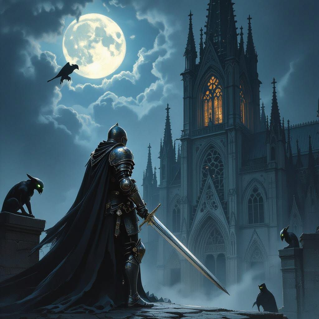 Gothic Knight Stands Guard in Dark Fantasy Style