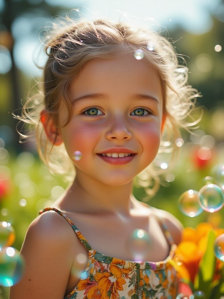 Joyful Girl Blowing Bubbles in Close-Up Portrait