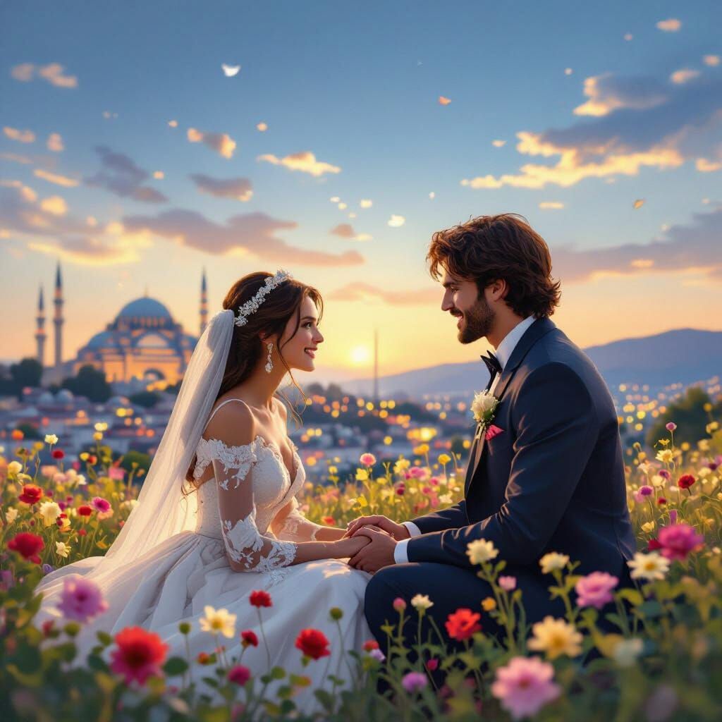 Couple Holding Hands at Sunset in Golden Garden