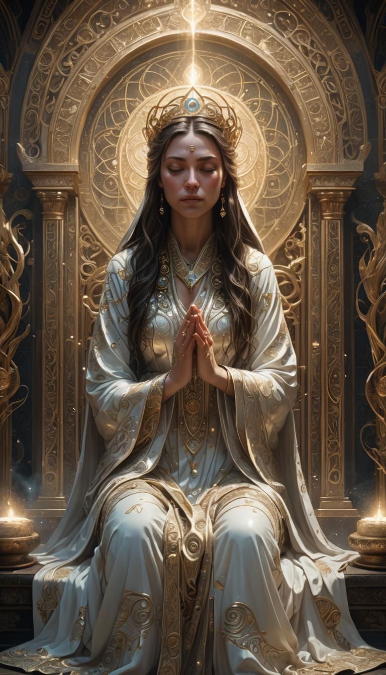 High Priestess in Ornate Chamber, Digital Art