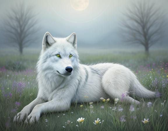 White Wolf in Moonlit Wildflower Field