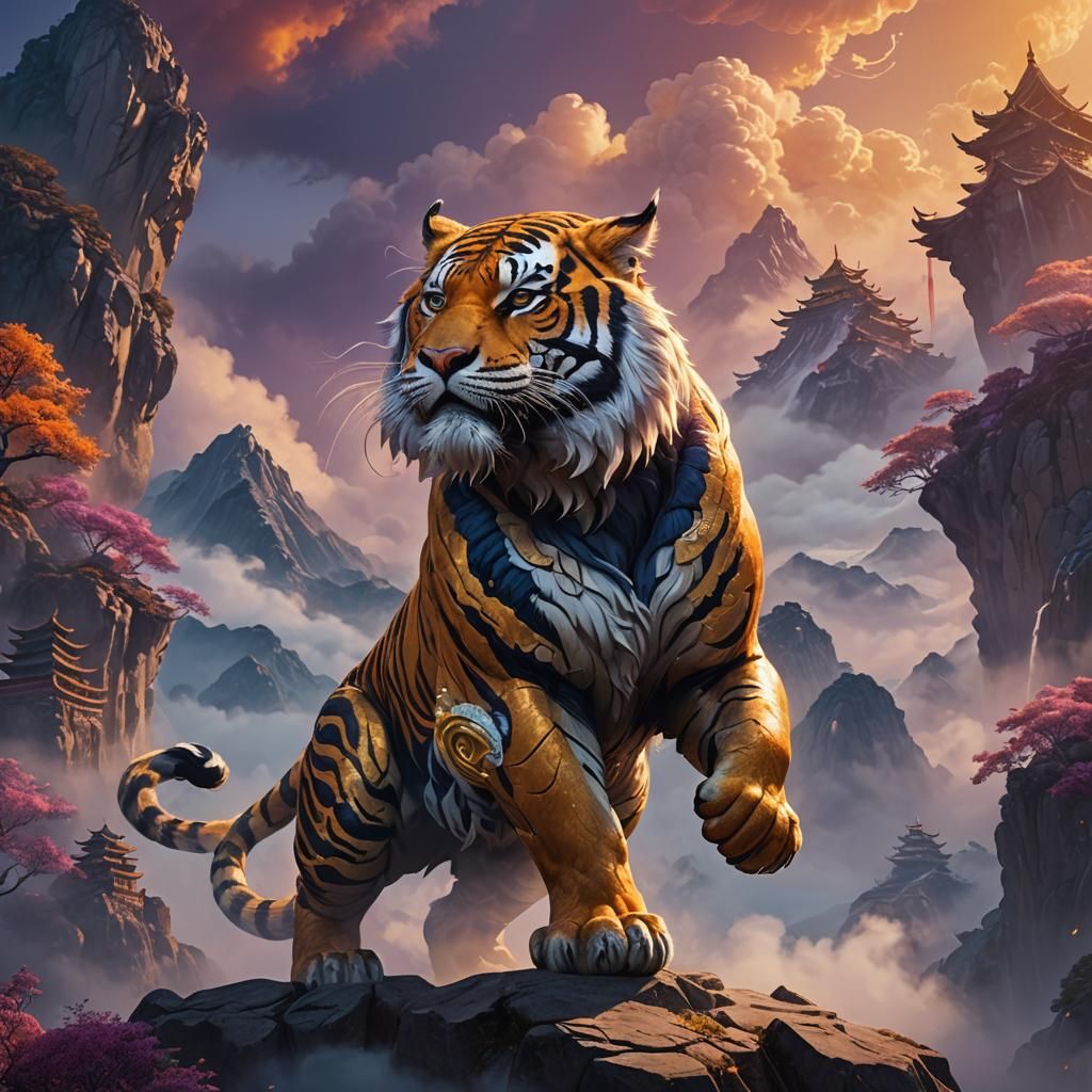 Majestic Cloud Tiger on Misty Mountain Peak
