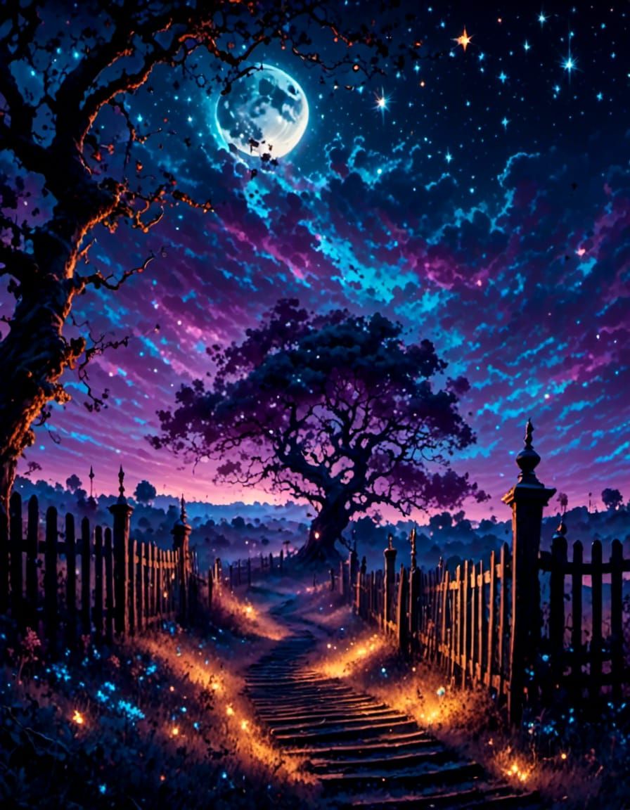 Moonlit Fence with Stars in Purple Fantasy Style