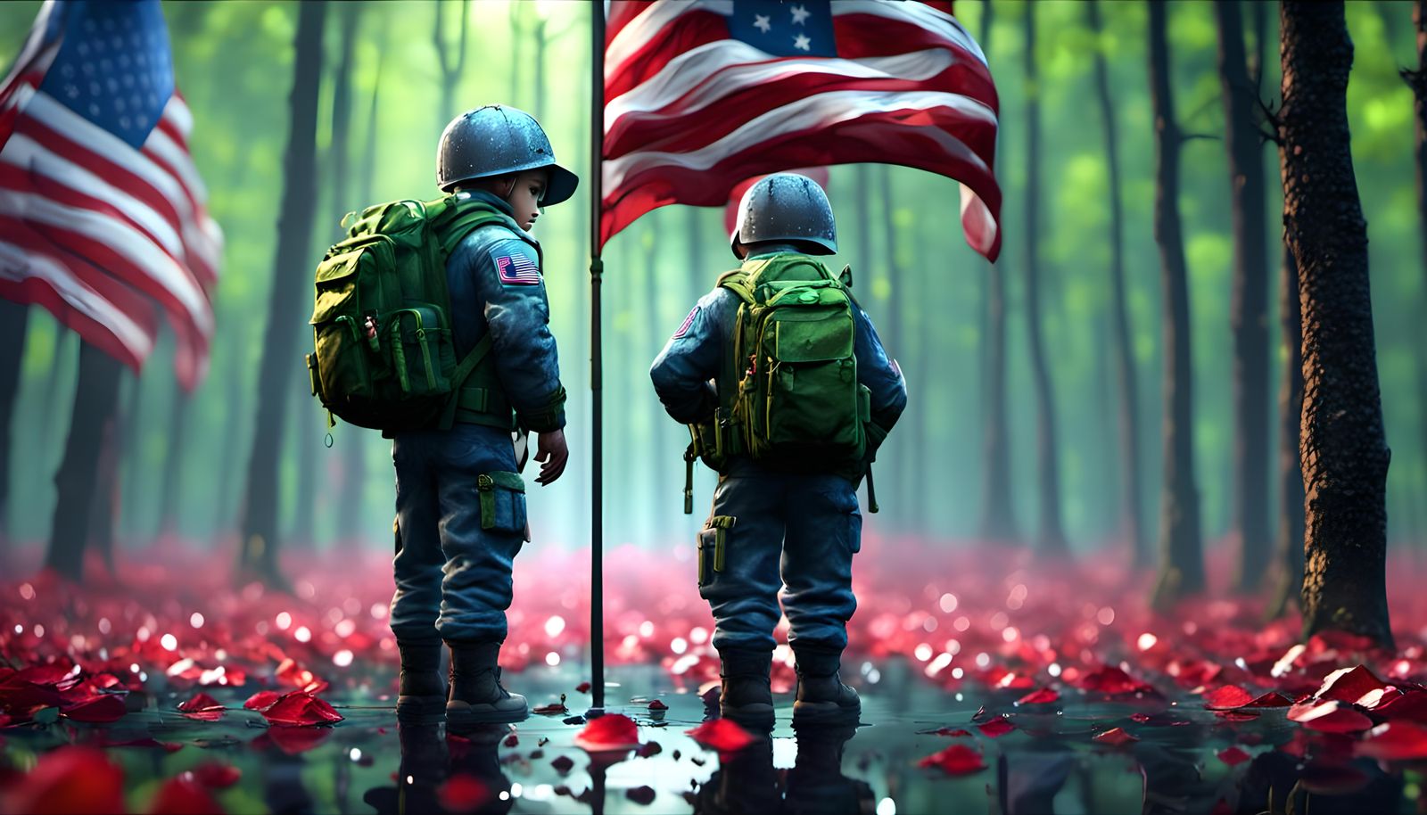 little men standing under American flag in wind ,leaf fallin...