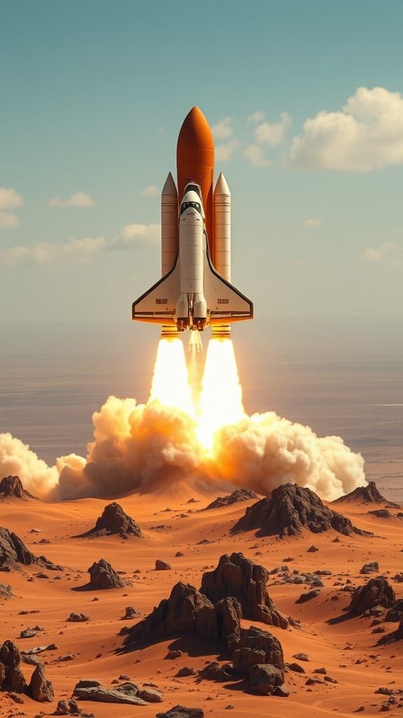 Space Shuttle Launches from Red Desert Landscape in Stunning...