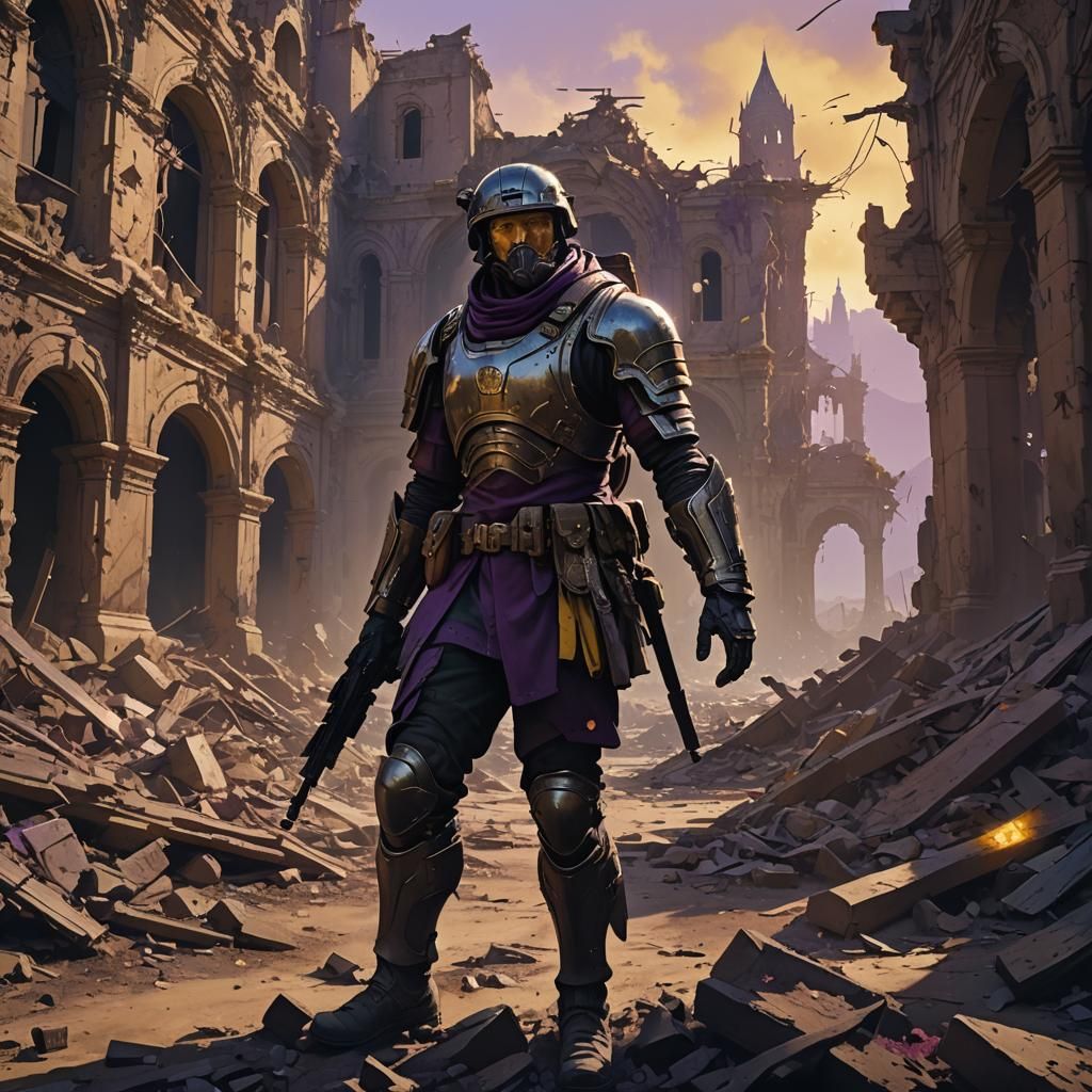 Soldier Returns from Battle in Ruined Landscape