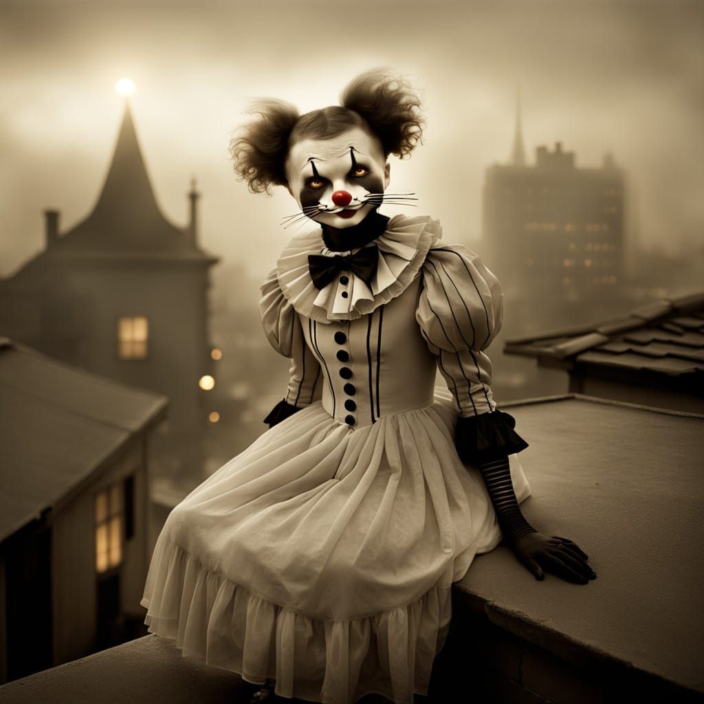 Otter Pierrot Clown on Rooftop in Vintage Photography Style