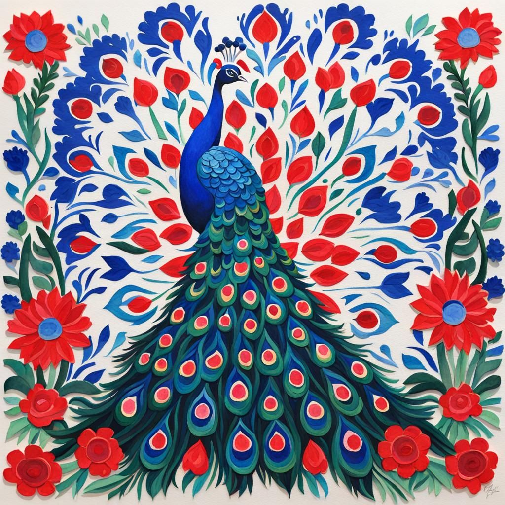 Papercut Peacock in Impressionist Gouache Style