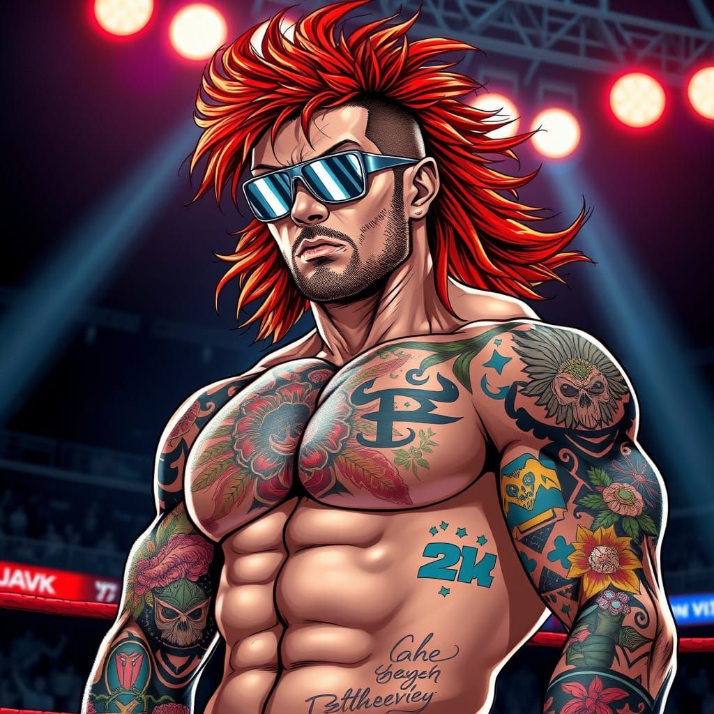 Muscled Wrestler in Mirrored Shades with Vibrant Tattoos