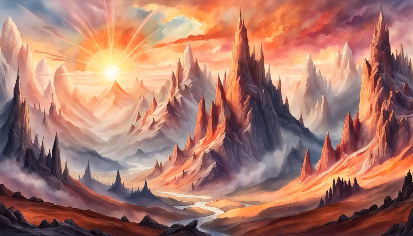 Mystical Mountain Range with Portal, Watercolor Art
