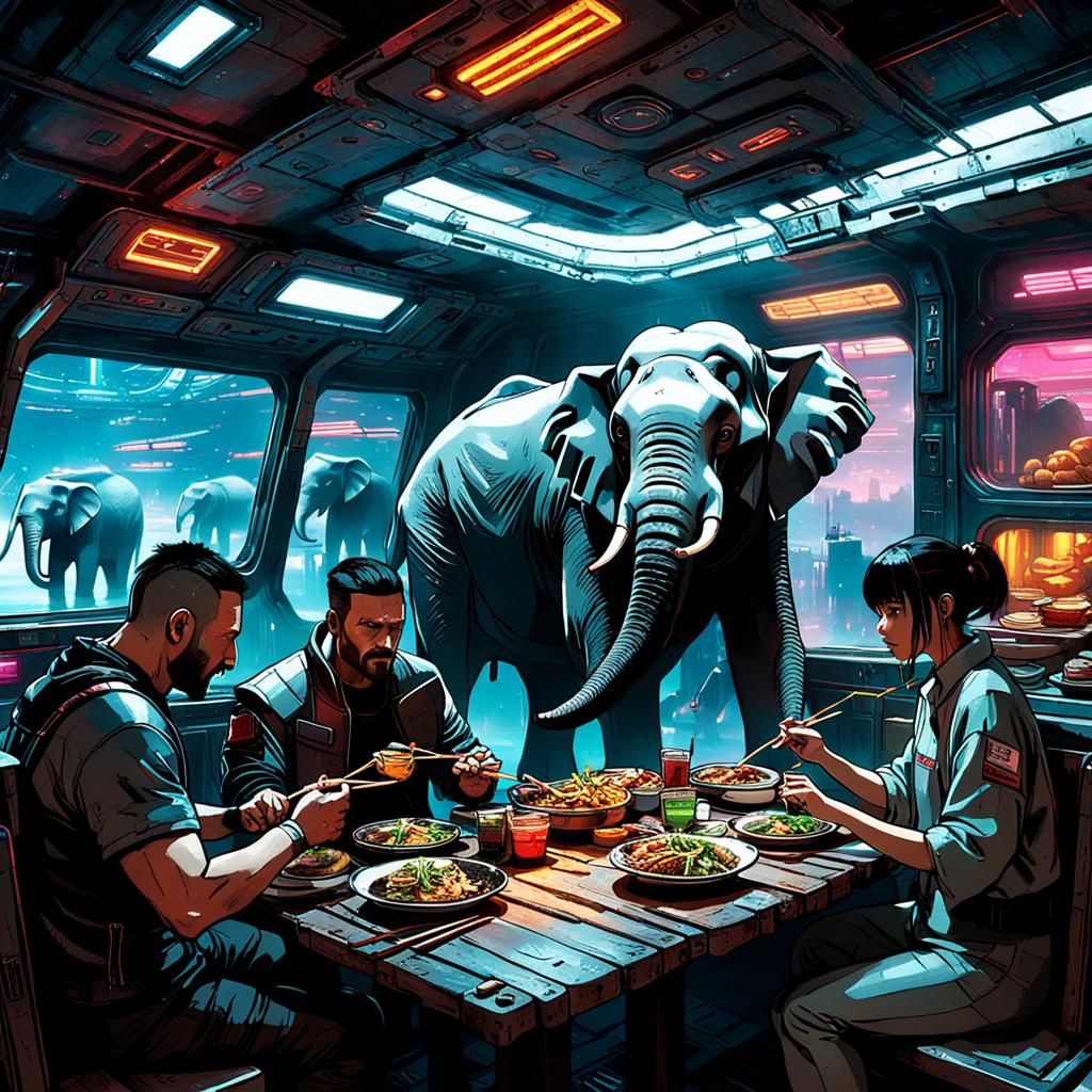 Elephants and Androids Dine in Cyberpunk Spaceship