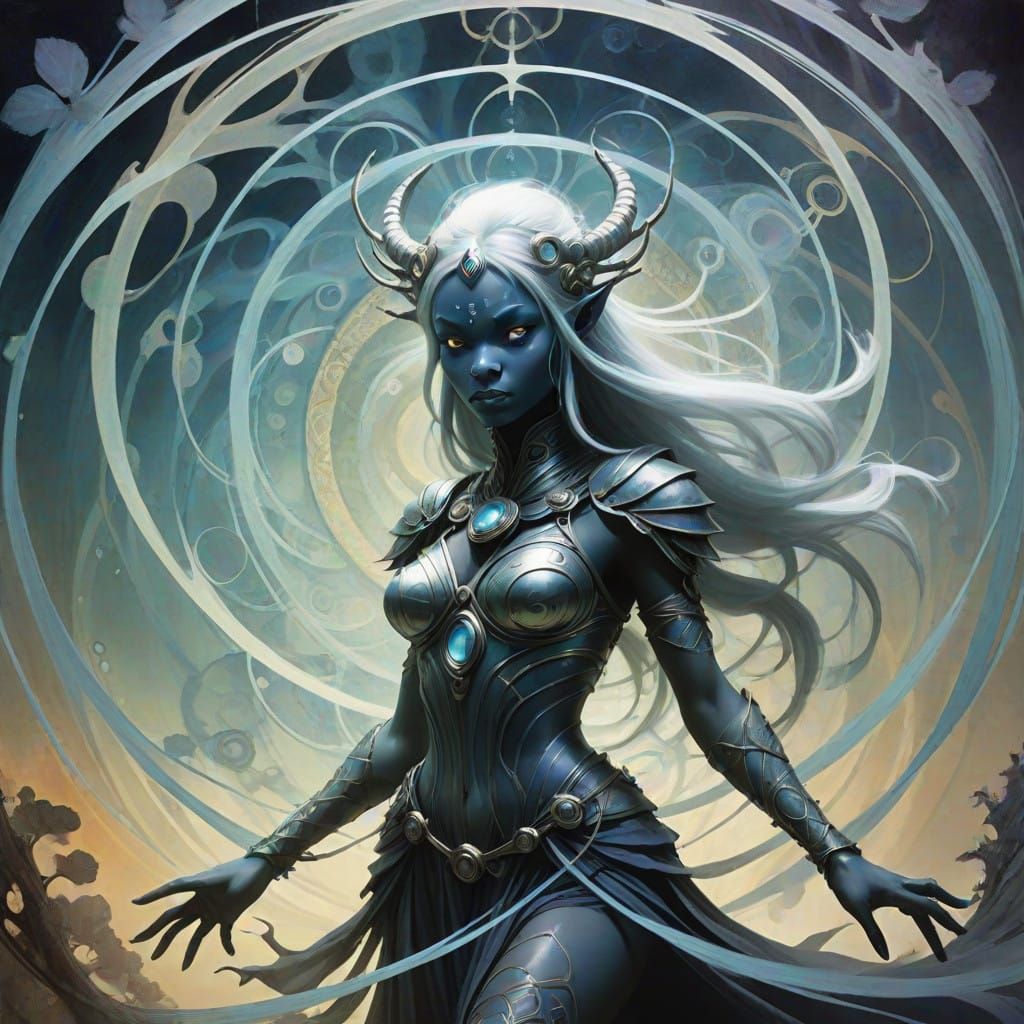 Ethereal Drow Valkyrie in a Psychedelic Wormhole