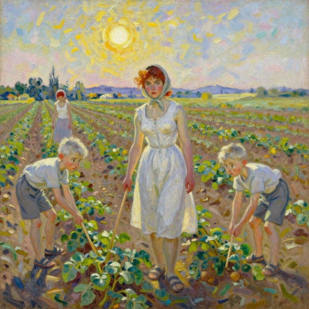 Impasto Oil Painting of Rural Landscape at High Noon