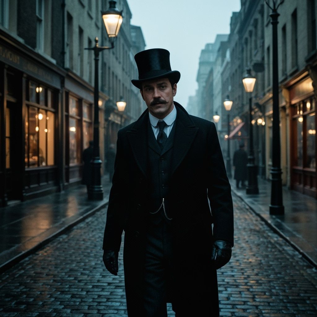 Victorian Gentleman Strolls Through Dimly Lit Street