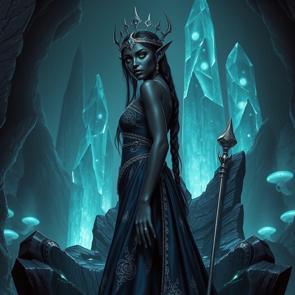 Regal Dark Elf Queen in Opulent Fantasy Setting