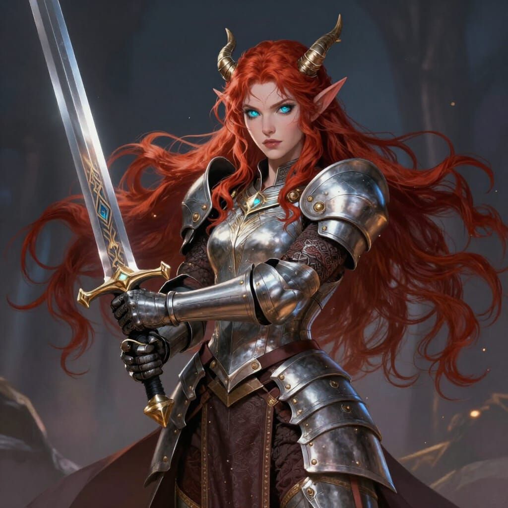 Tiefling Paladin Wielding Longsword in Fantasy Art Style