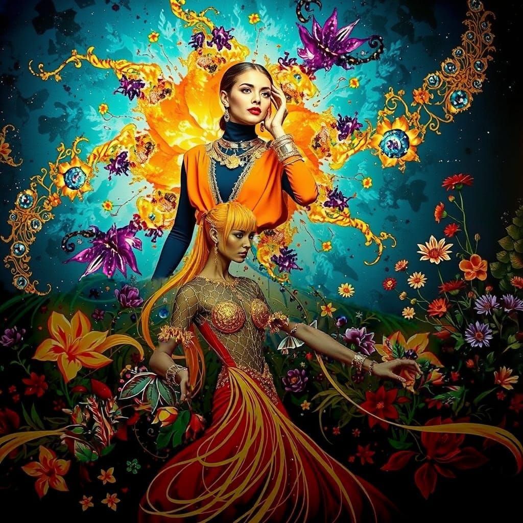 Psychedelic Floral Garden Background with Cosmic Mystery