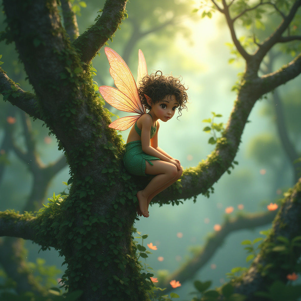 Pixie on Ancient Tree Branch in 3D Anime Style