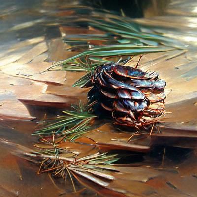 Realistic Oil Painting of Pinecone and Needles