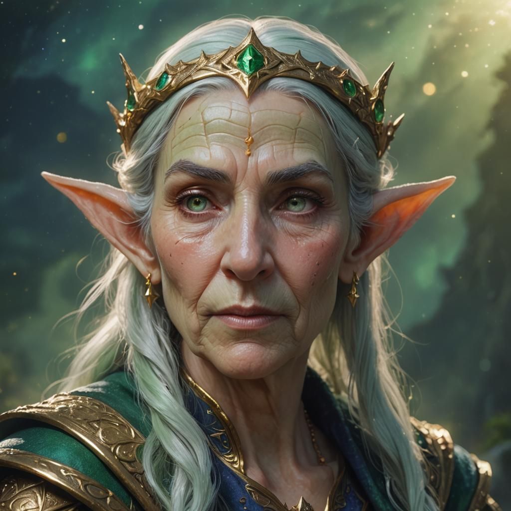 Elf Queen Mage in Starry Night, Hyperrealistic Concept Art