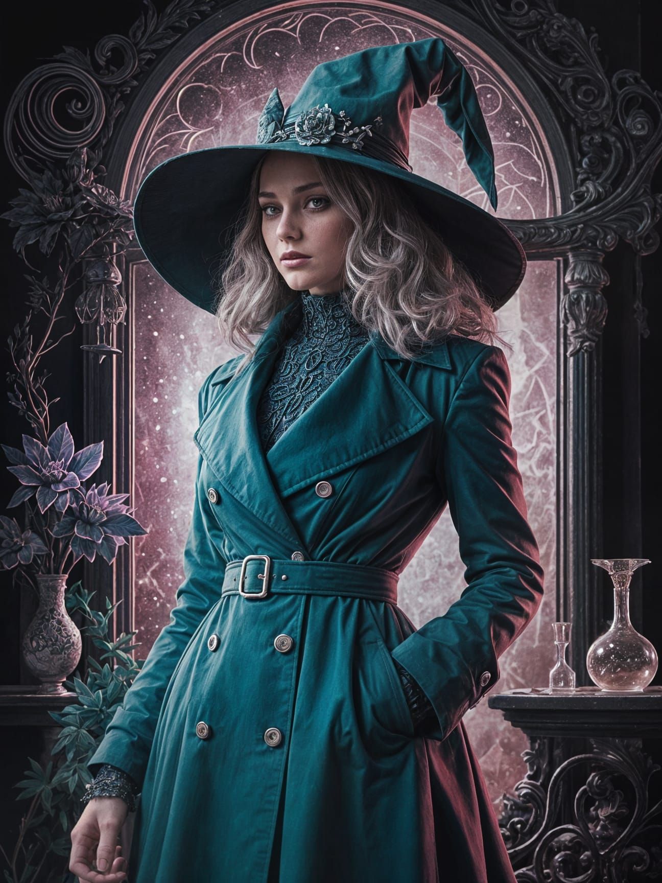Surreal Aetherpunk Witch in Teal Attire