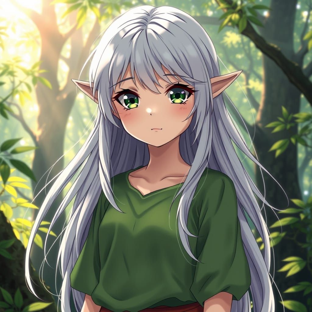 Anime Elf Girl in Sunlit Forest, Fantasy Art Style