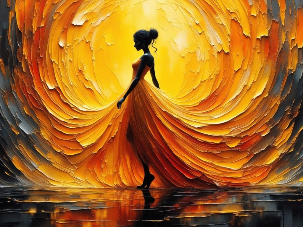 Surreal Dancer in Pulsing Yellow Orange Dress