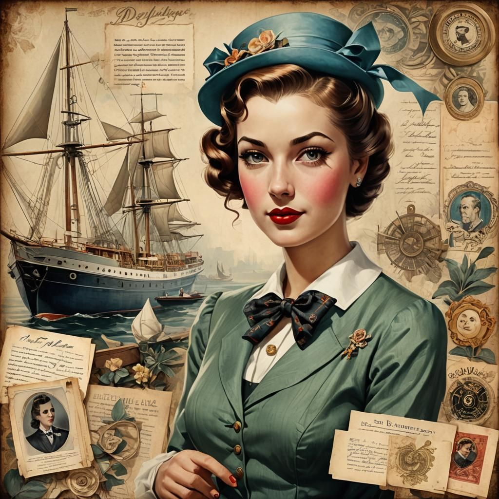 Dapper Pin-up Sailoress in Storybook Illustration Style