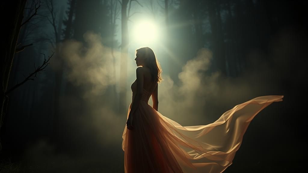 Ethereal Woman in Misty Moonlight Forest
