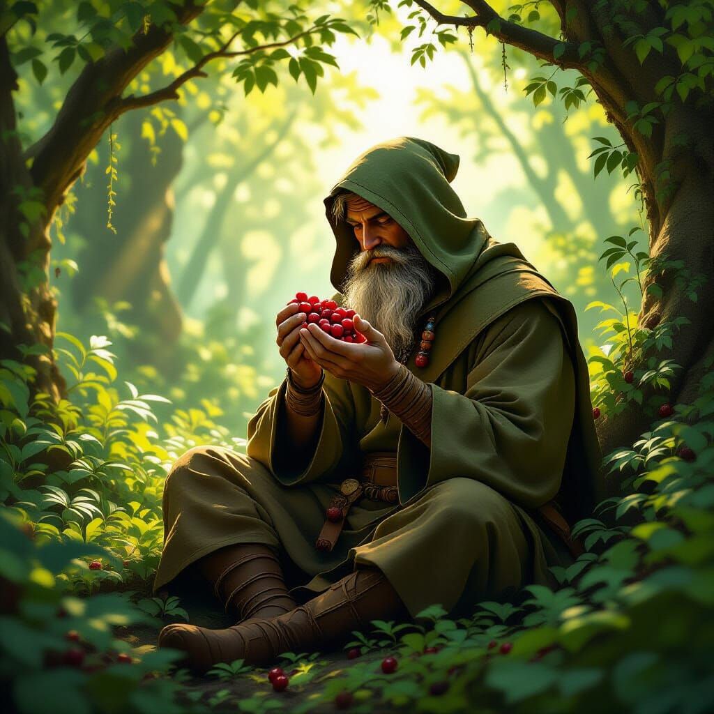 Druid Savoring Berries in Forest, Fantasy Art