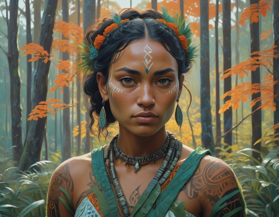 portrait of a young Maori woman , in a clearing