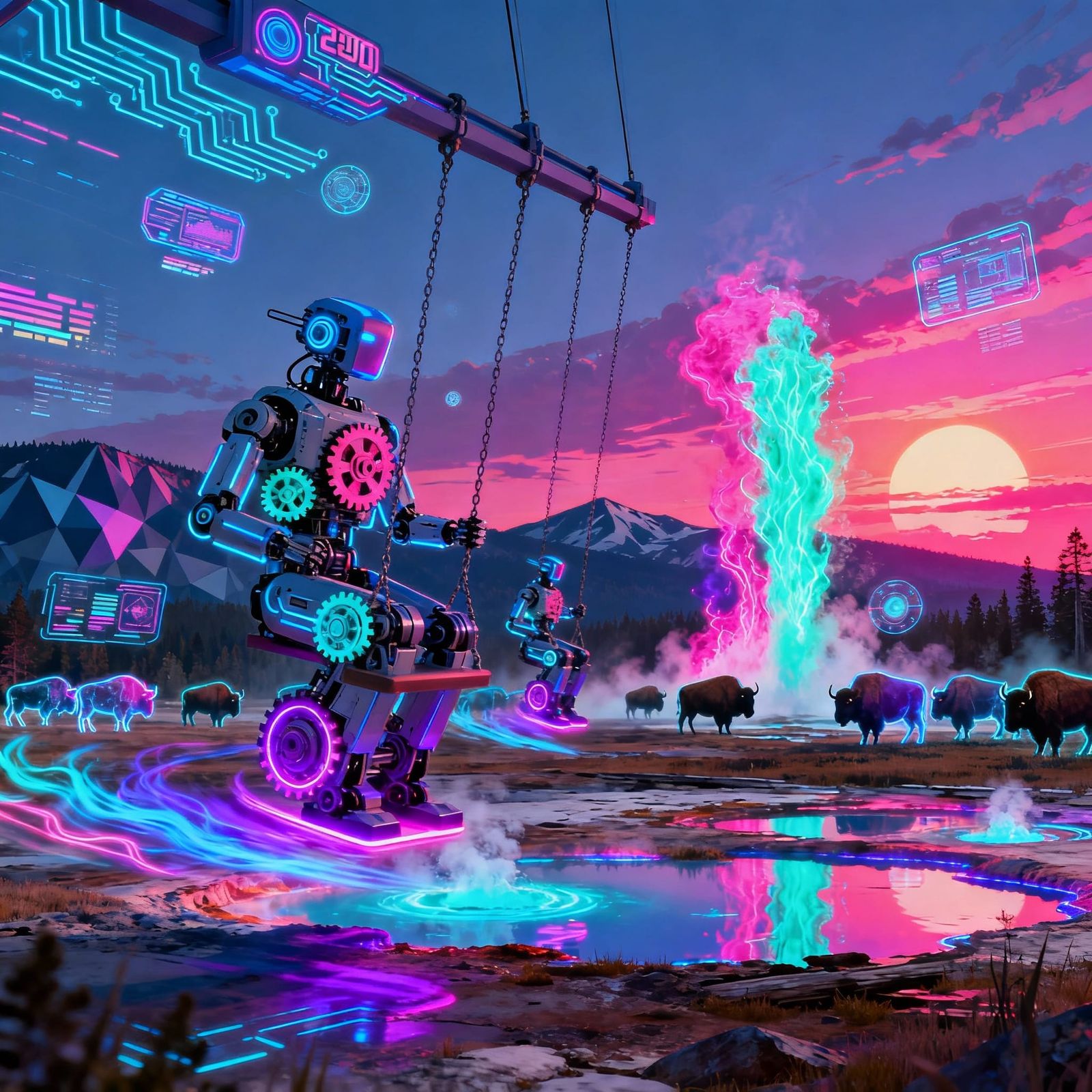 Futuristic Yellowstone National Park With Robotic Swings