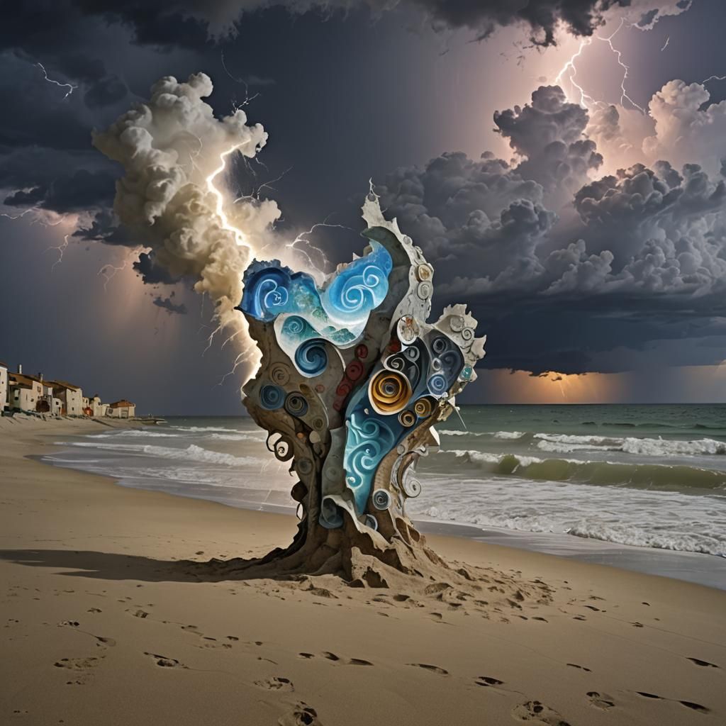 Surreal 3D Graffiti Beach Scene with Storm