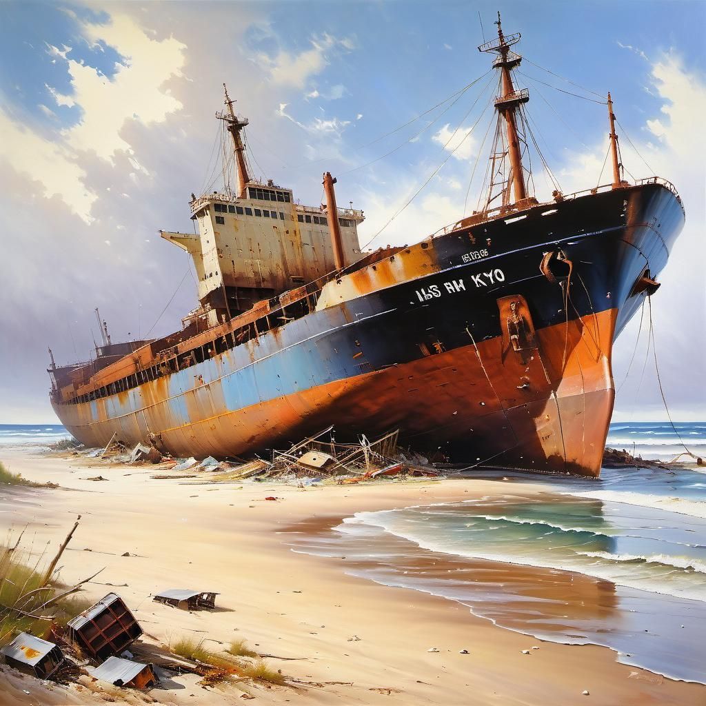 Wrecked Freighter on Shore: Post-Apocalyptic Landscape