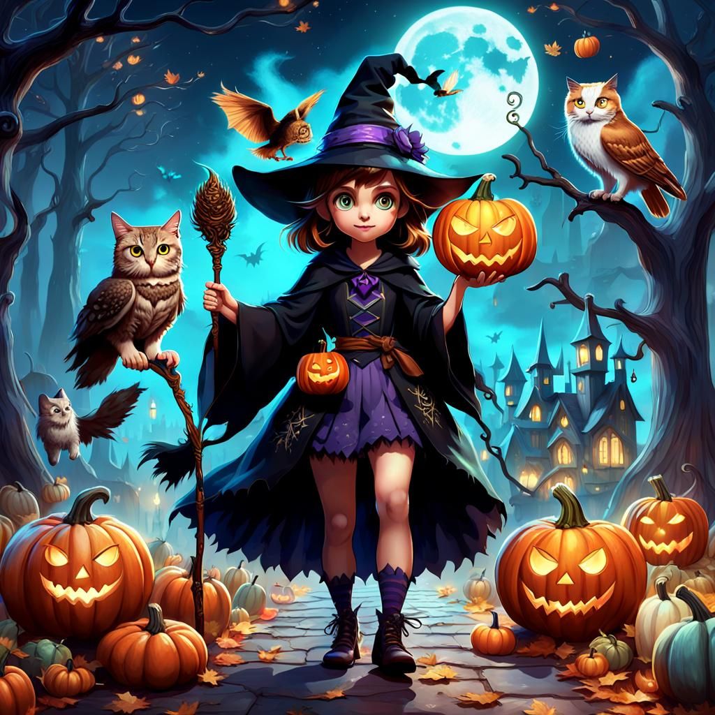 Cute Witch with Owl, Cat and Magic Pumpkin