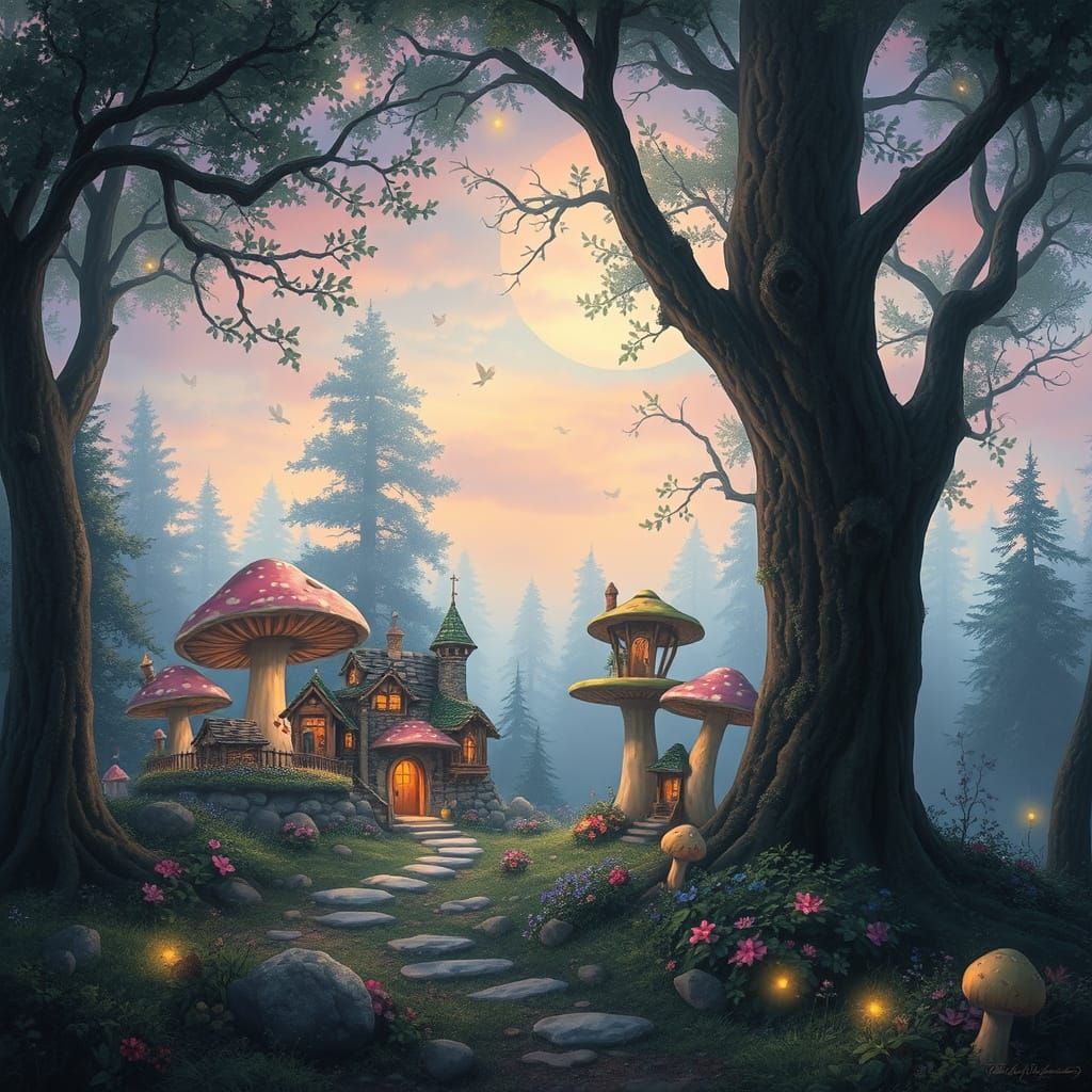 Enchanted Fairy Village Among Glowing Mushrooms in Pastel Sk...