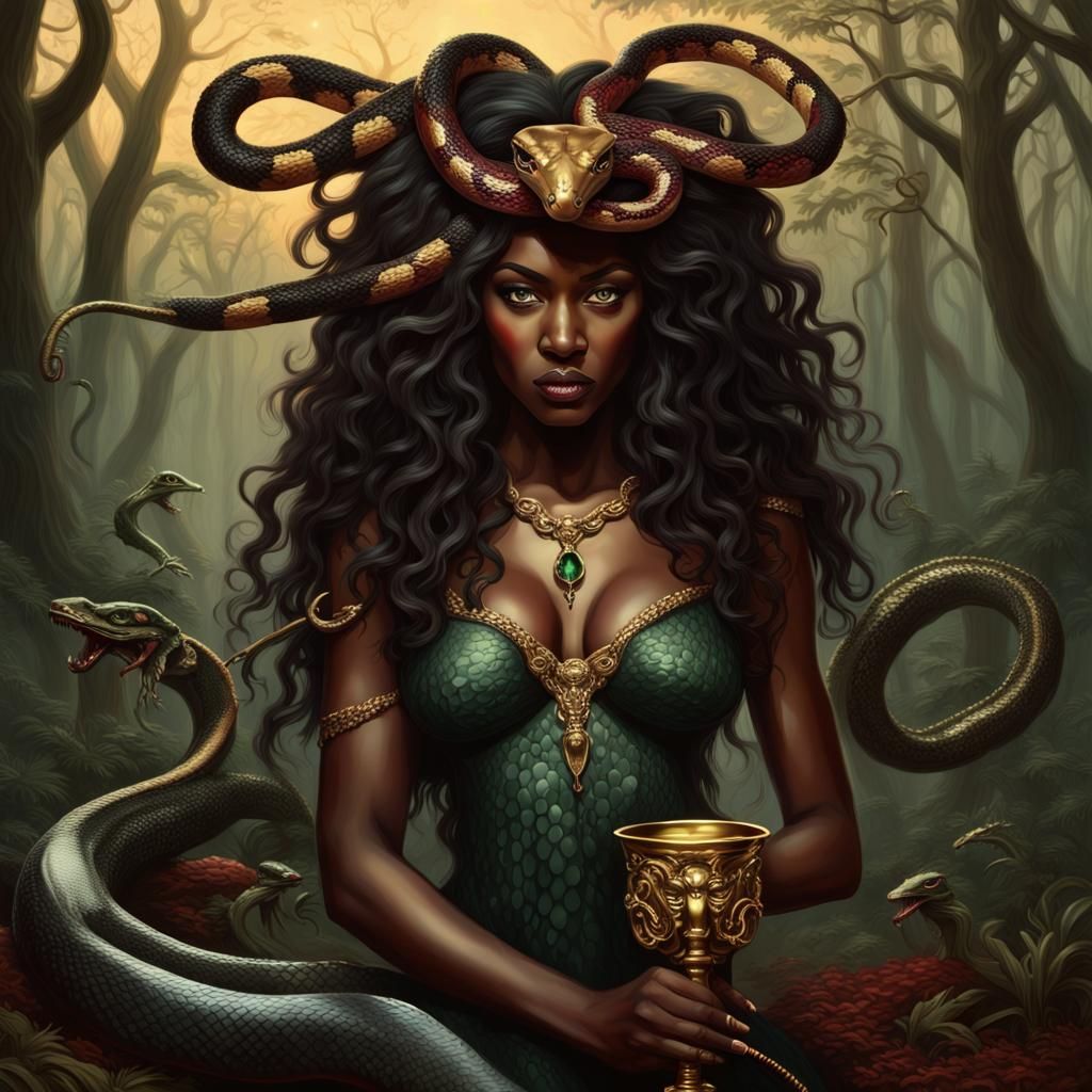 Striking Melanin Medusa with Chalice and Sword
