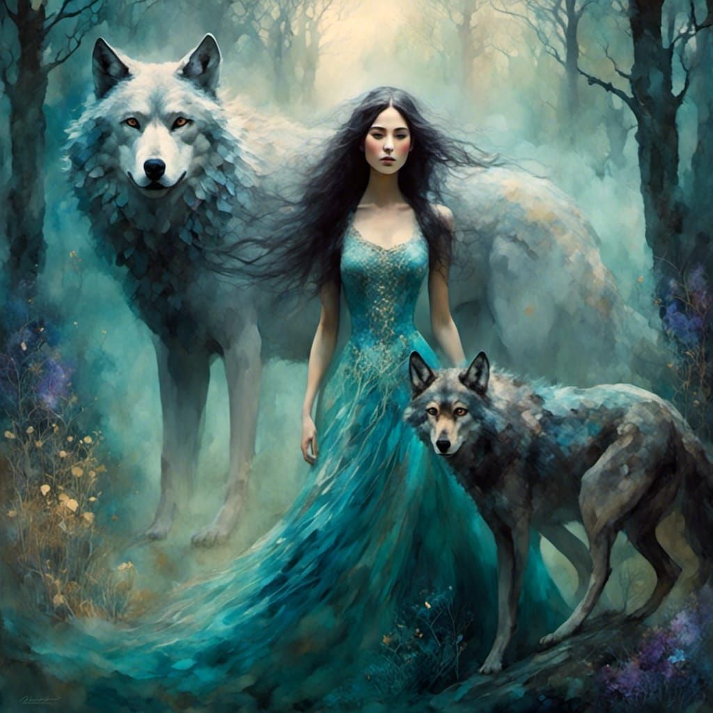 Mystical Woman and Wolf in Ethereal Forest
