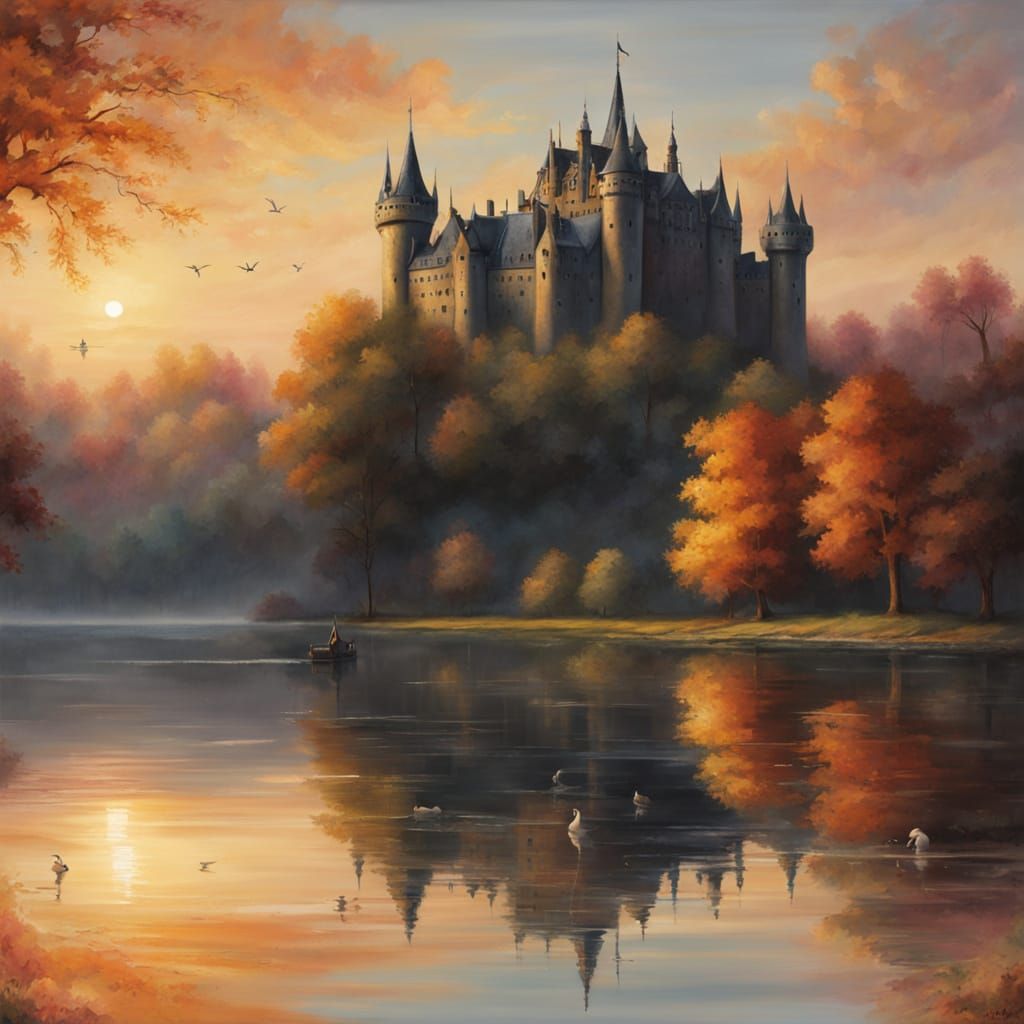 Gothic Castle Under Golden Sunset