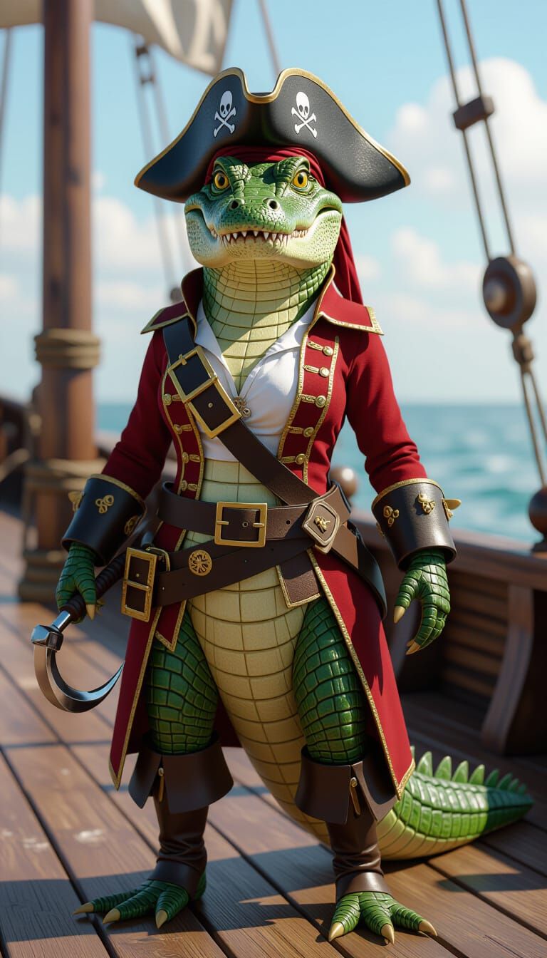 Alligator Pirate on the Jolly Roger in Photorealistic Style