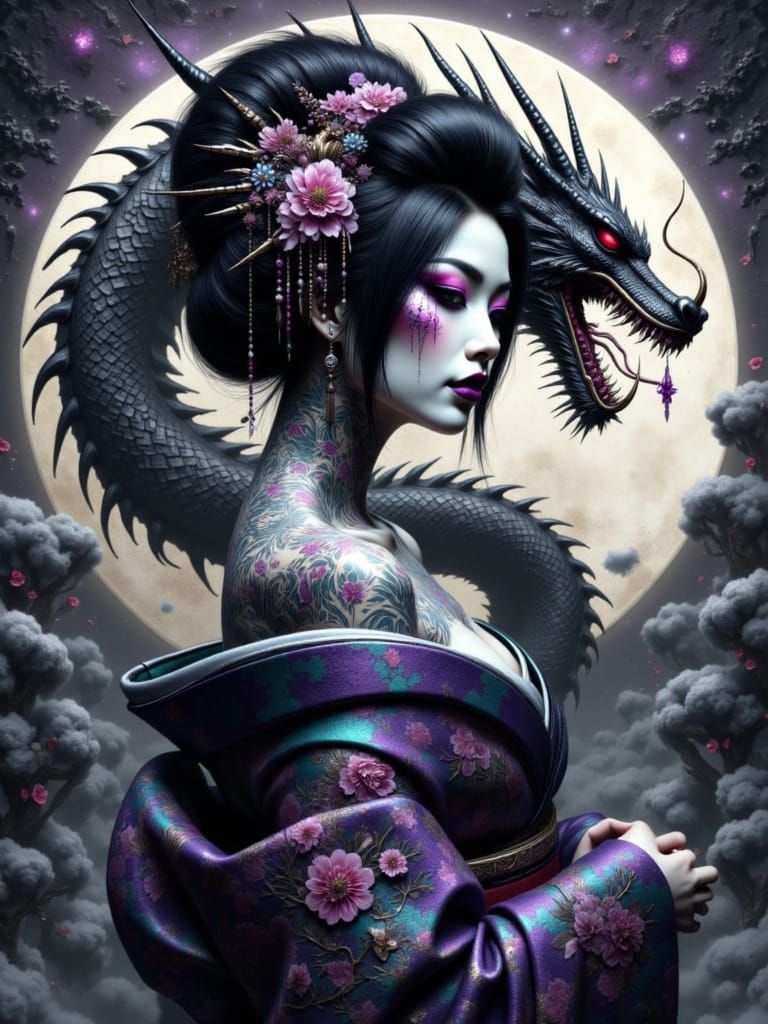 Dark Fantasy Geisha with Dragon in Japanese Tattoo Style