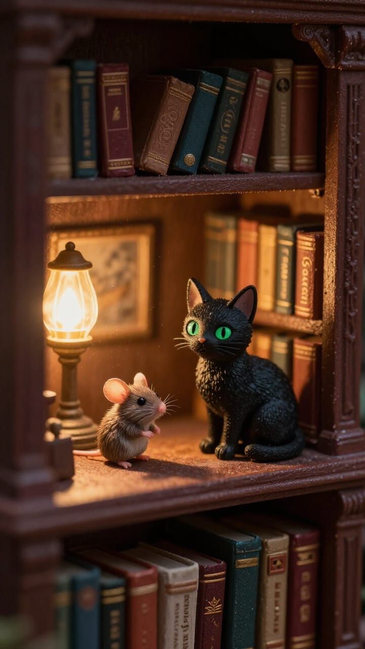 Magical Fantasy Library Book Nook with Cat and Mouse