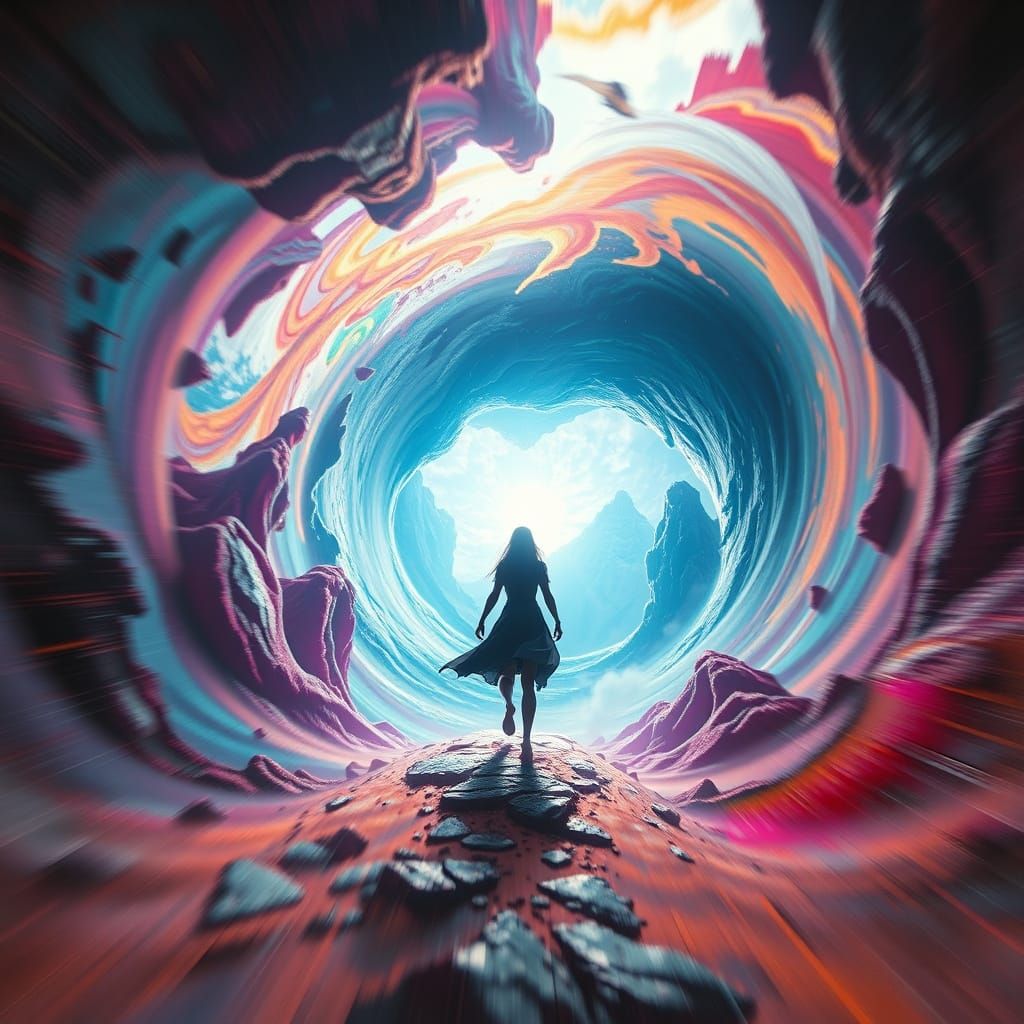 Figure Traversing Worlds Through Swirling Portal