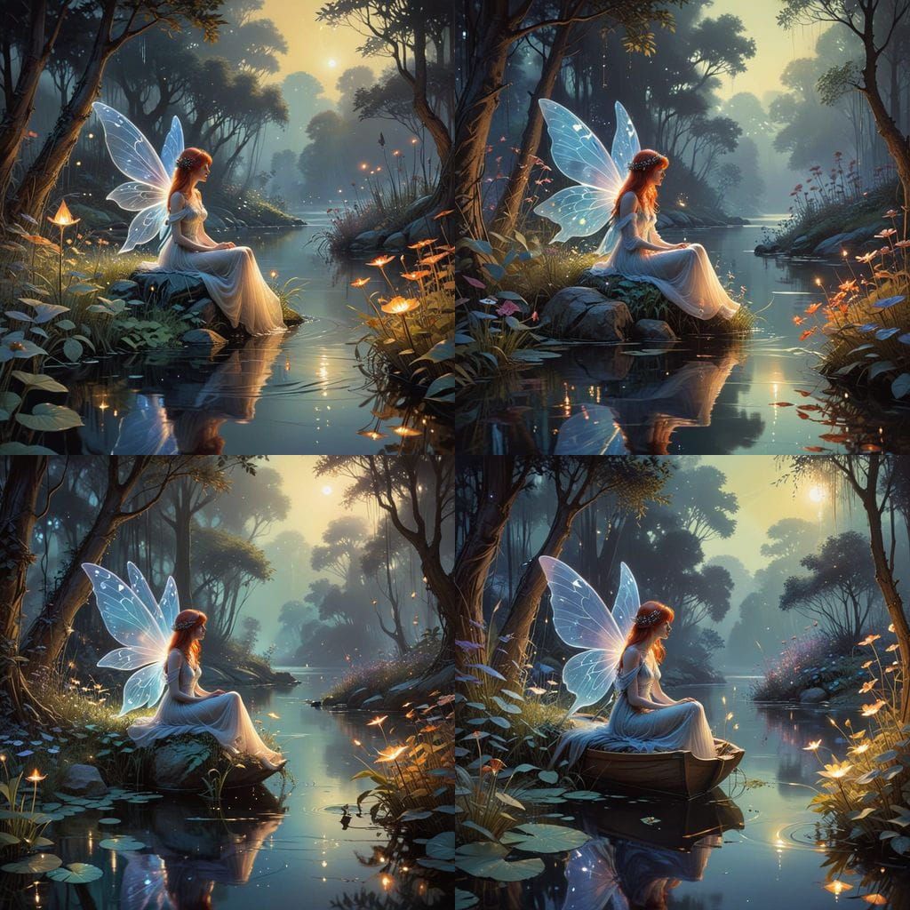 Whimsical Fairy in Enchanted Golden Hour Landscape