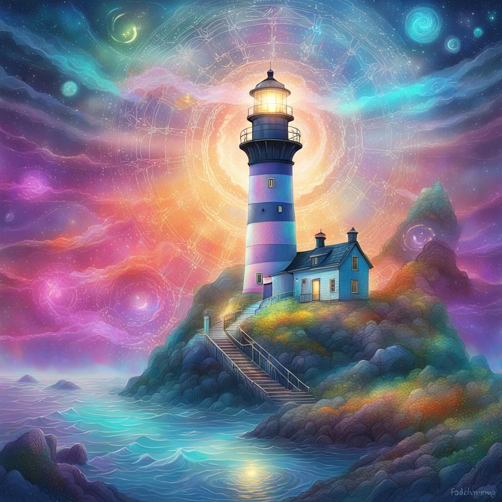 Misty Lighthouse Warns Ships: Astral Cosmic Illustration