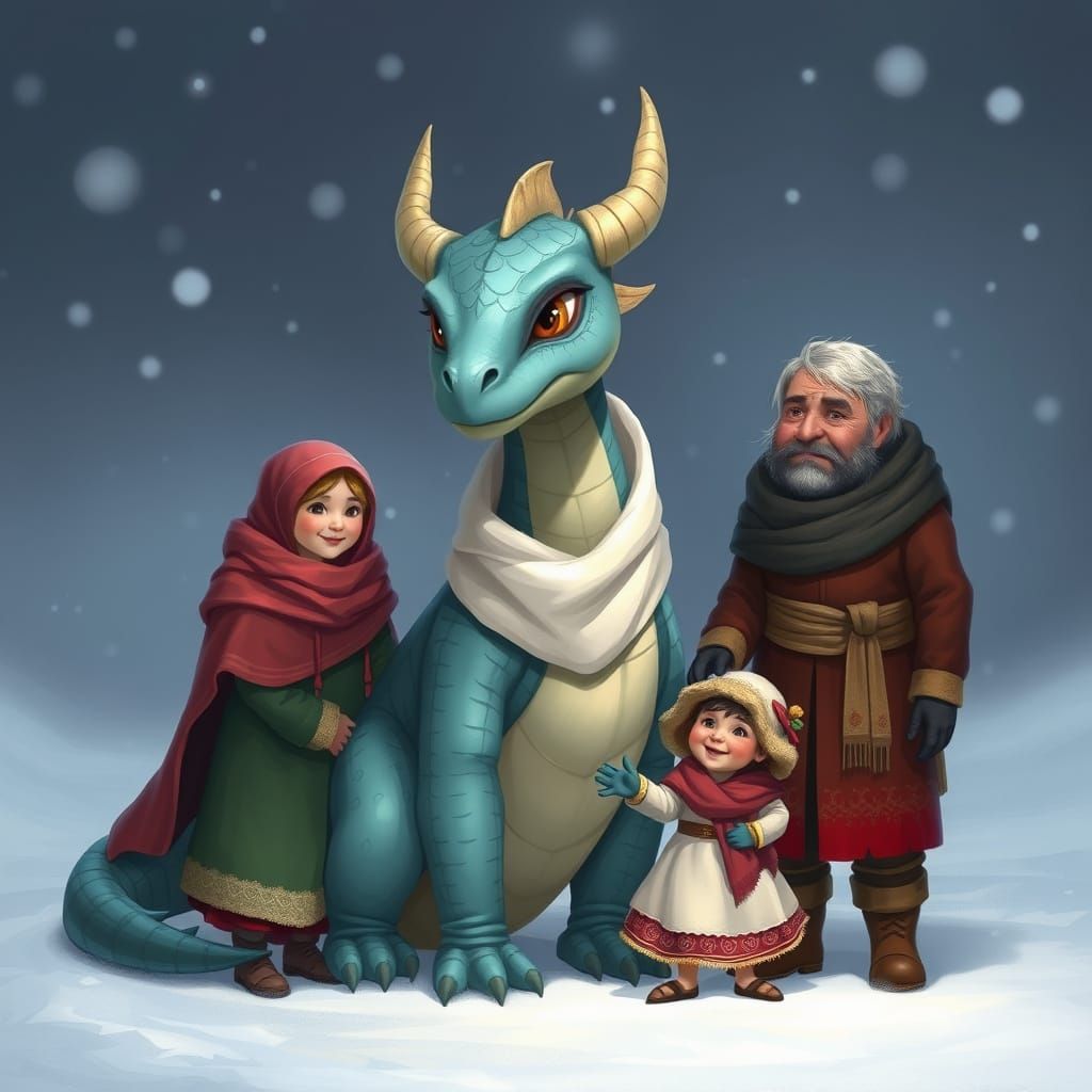 Cyan Dragon Family in Snowy Landscape