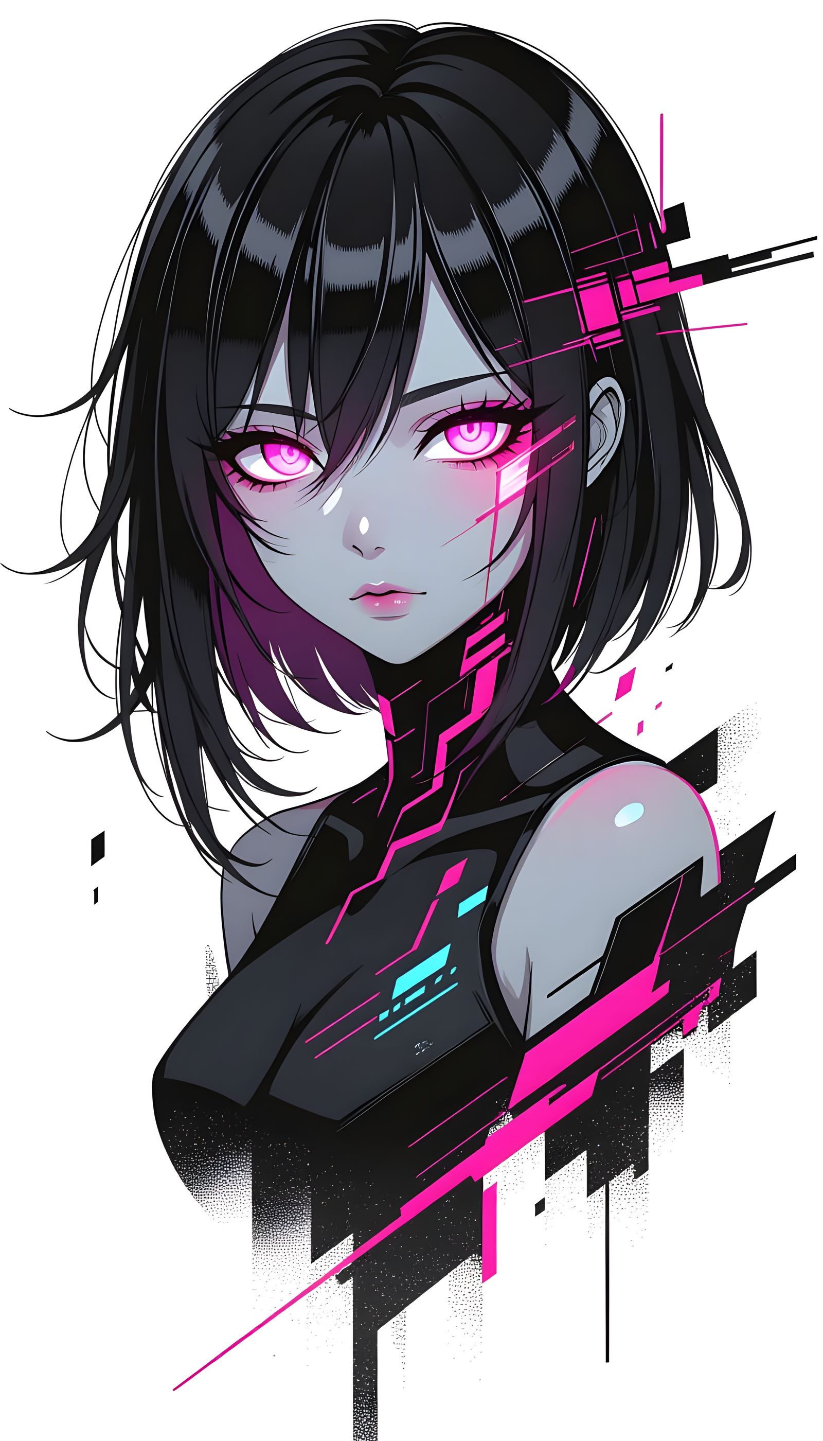 Anime Girl in Glitch Art Style with Neon Accents