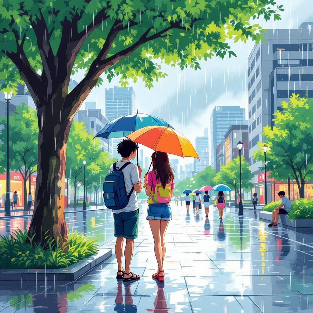 Couple Shelters From Rain in Anime Key Visual Style