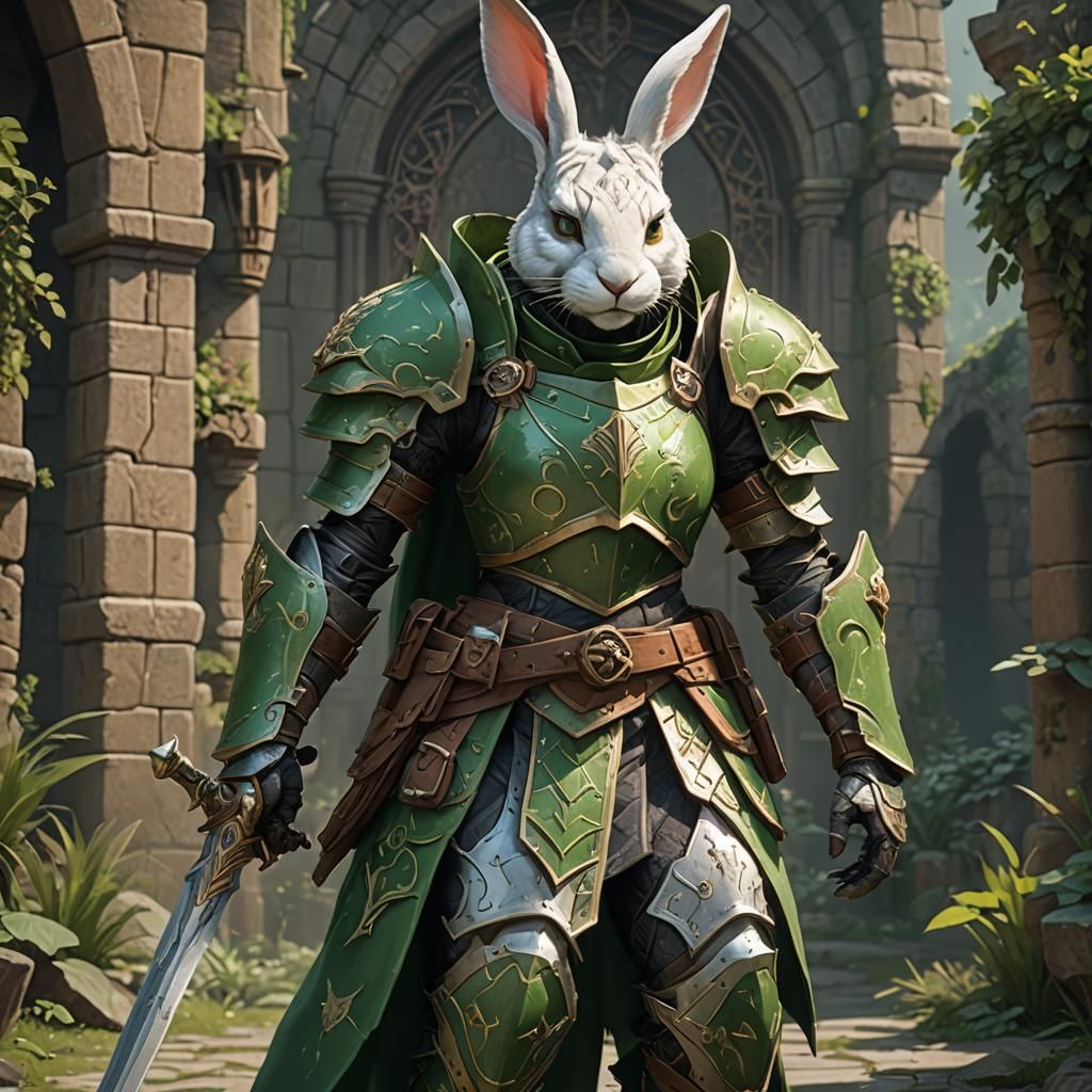 Rabbitfolk Paladin in Green Armor: Fantasy Art